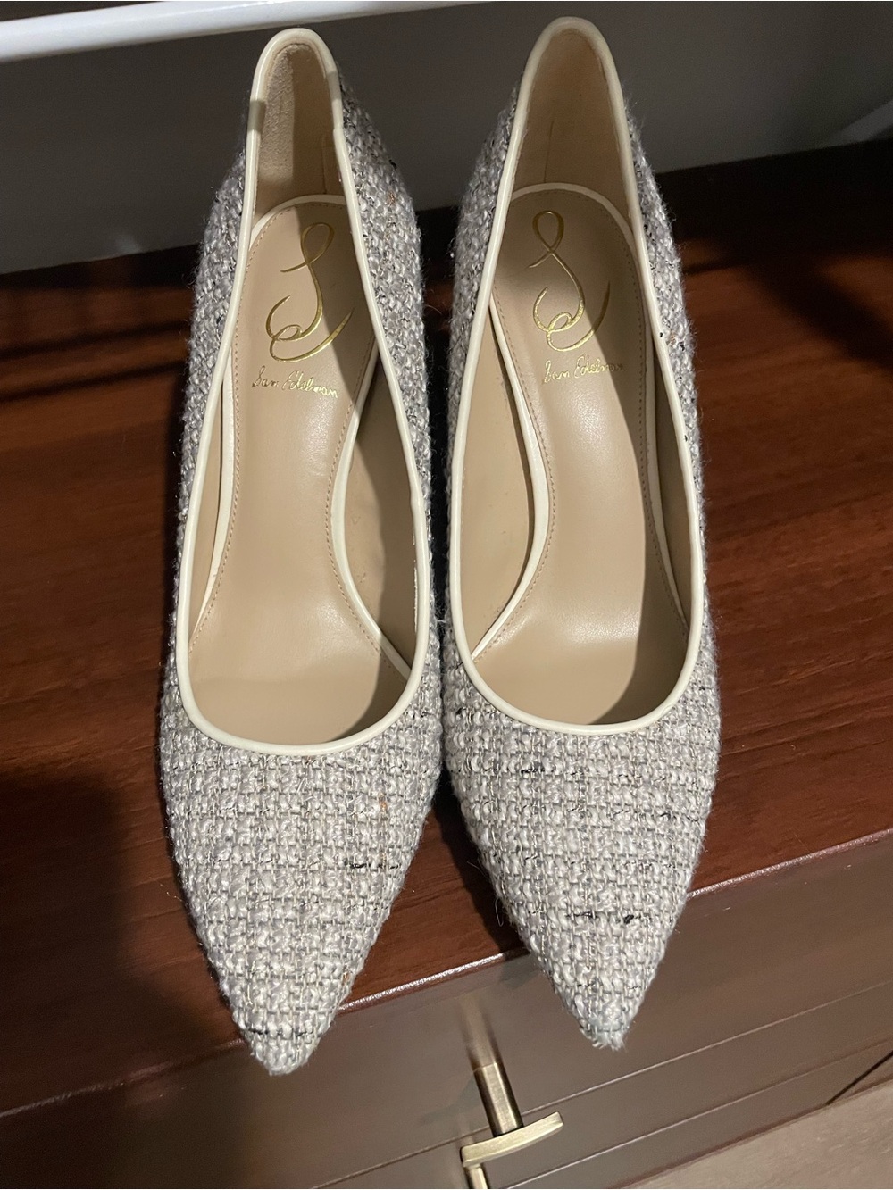 Sam Edelman Pointed-Toe Heels in Light Beige Tweed